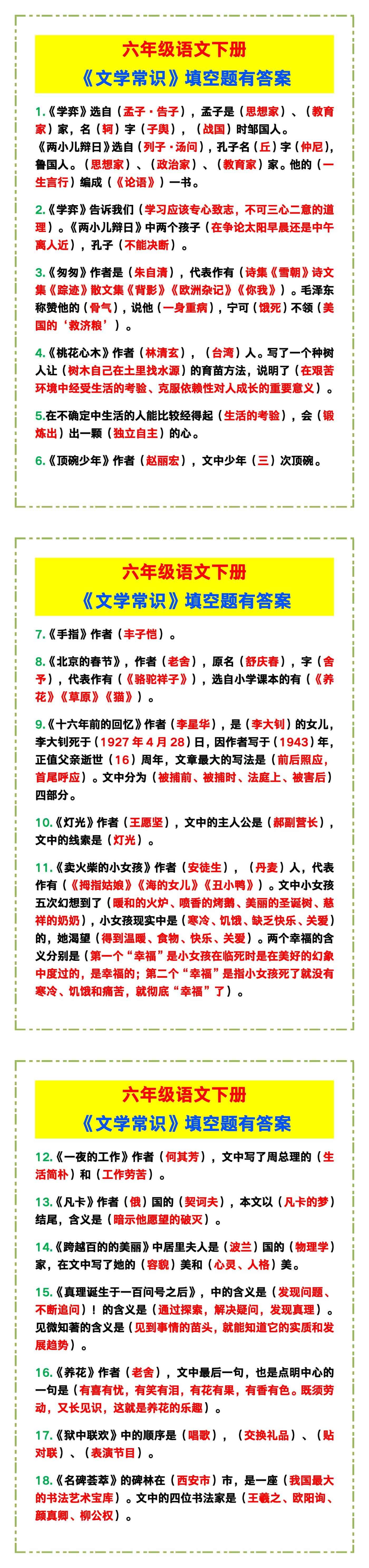 六年级语文下册《文学常识》填空题有答案！