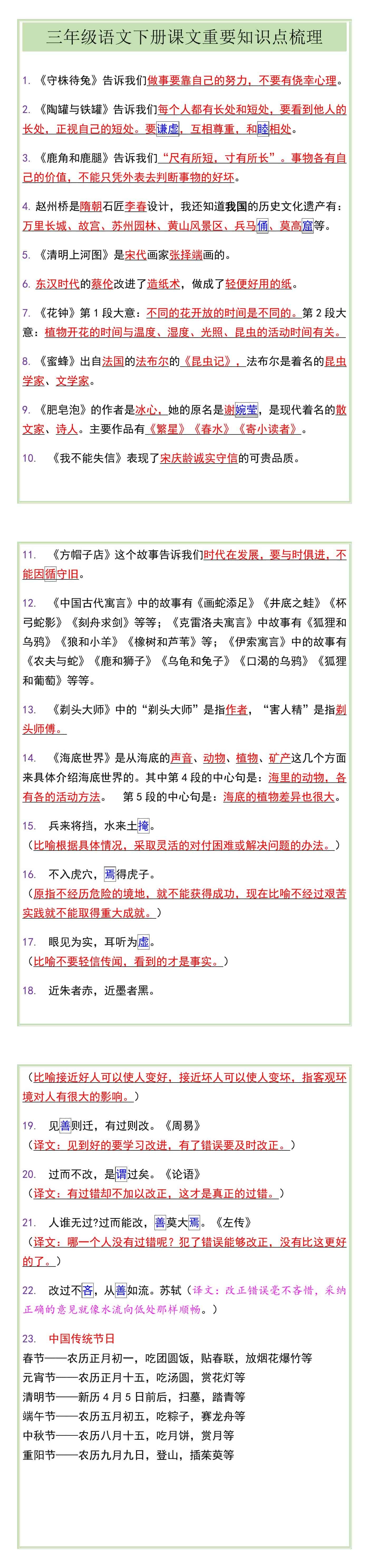 三年级语文下册课文重要知识点梳理