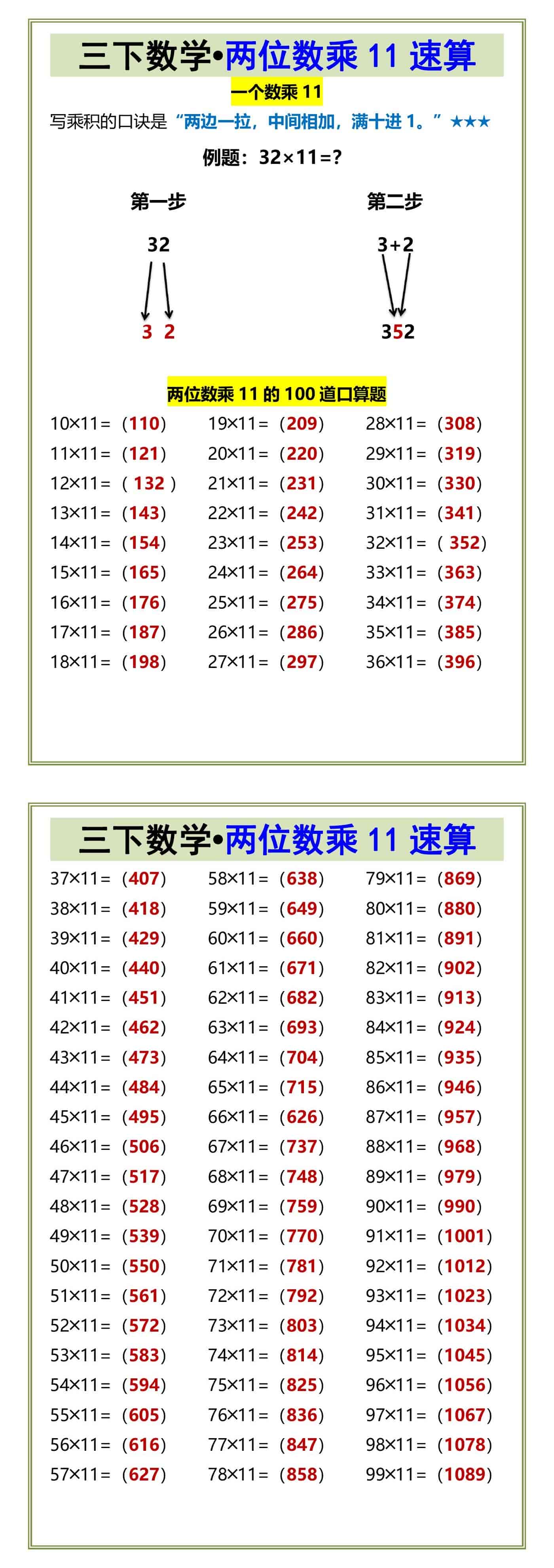 三下数学•两位数乘11速算