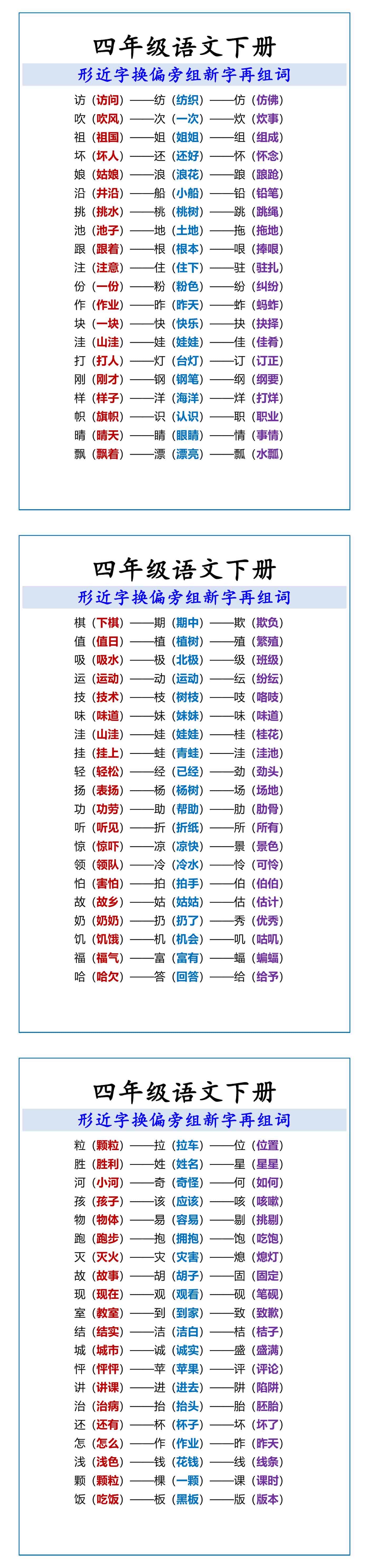 四年级语文下册 形近字换偏旁组新字再组词