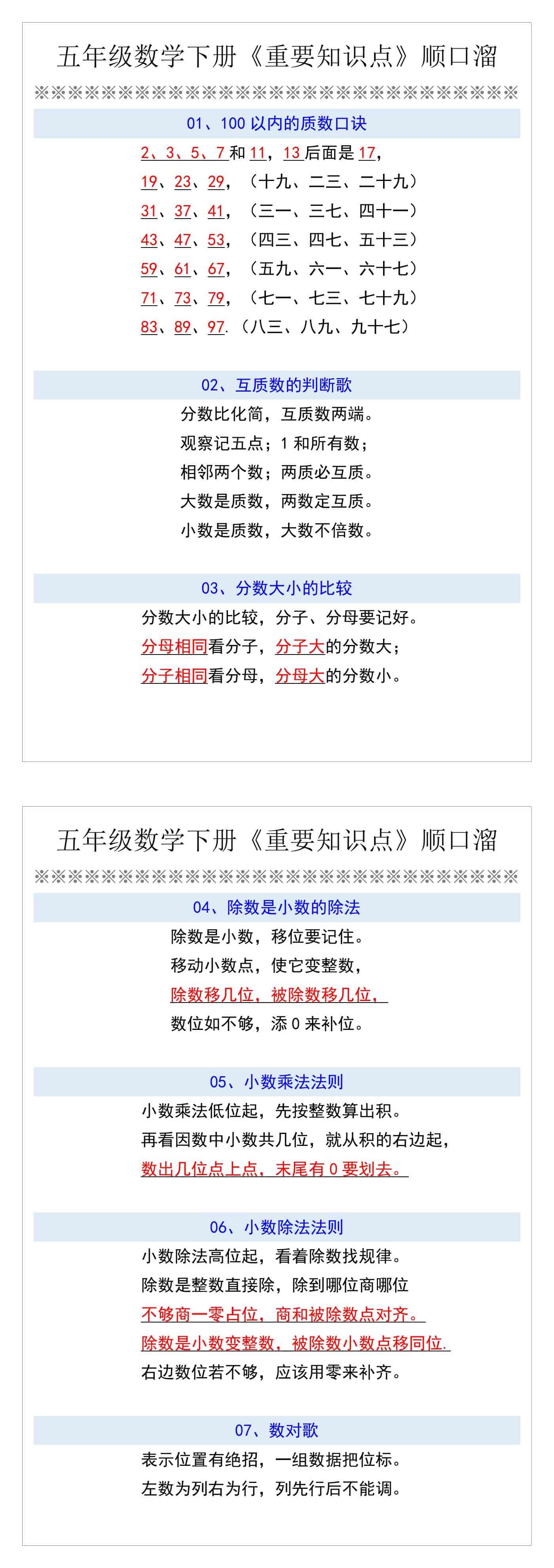 五年级数学下册《重要知识点》顺口溜