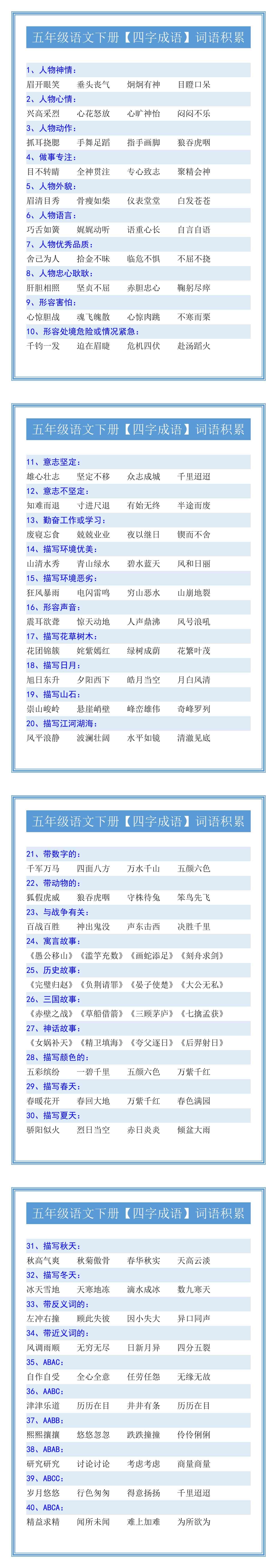 五年级语文下册【四字成语】词语积累