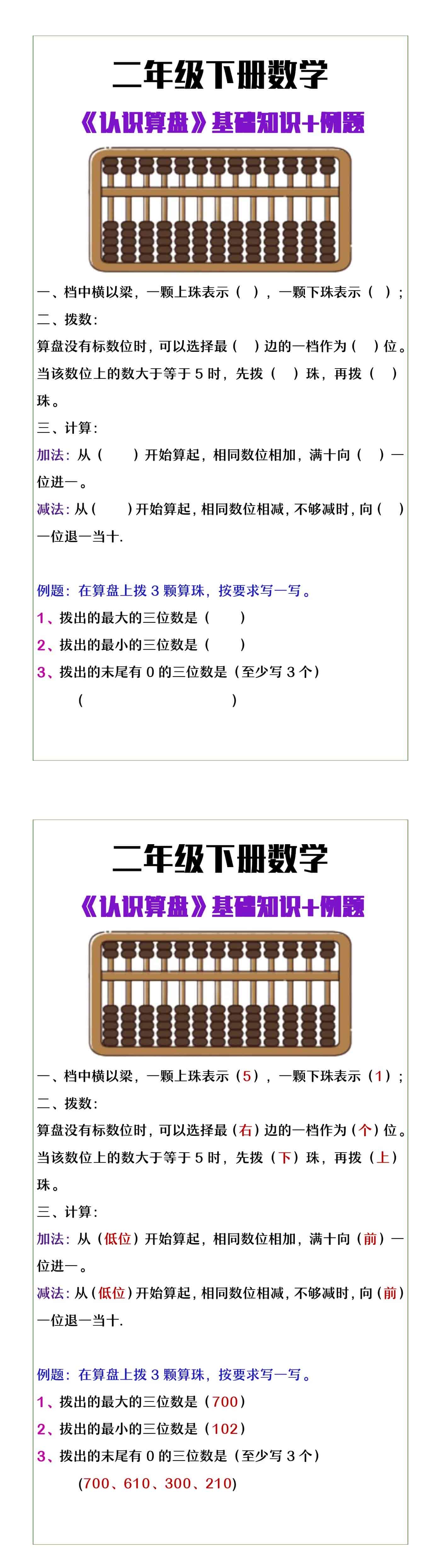 二年级下册数学《认识算盘》基础知识+例题
