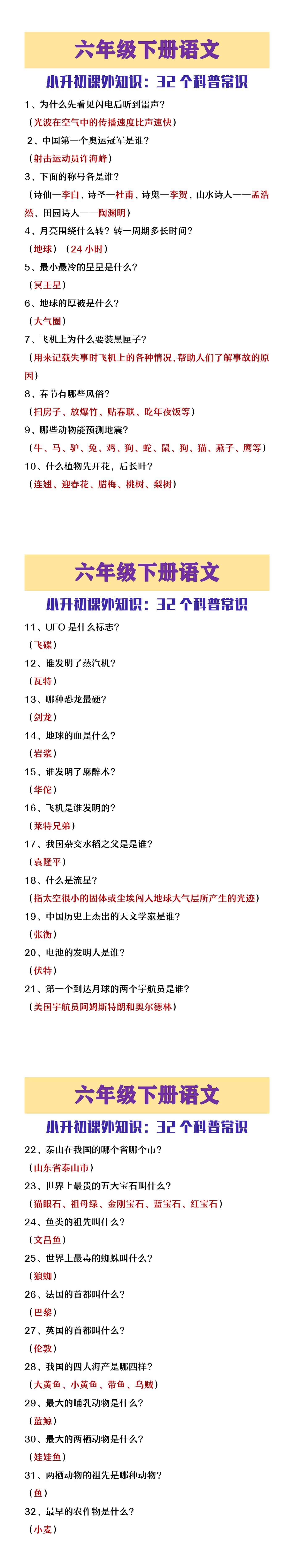 六年级下册语文小升初课外知识，32个科普常识