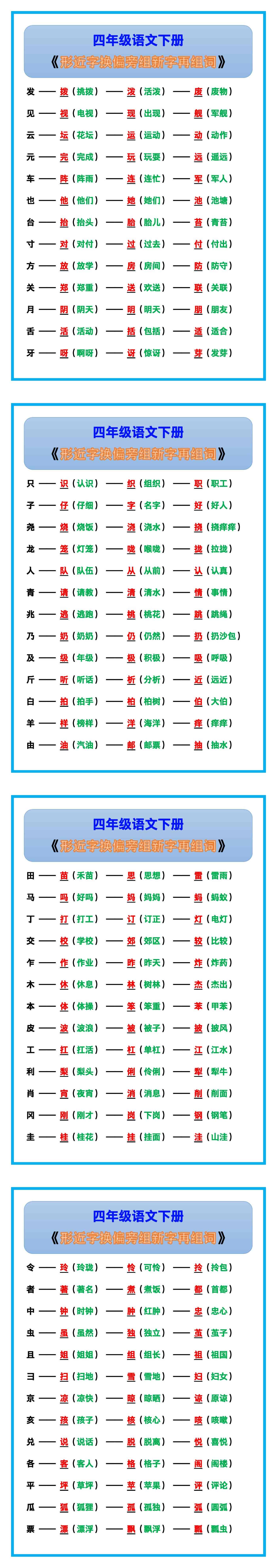 四年级语文下册《形近字换偏旁组新字再组词》