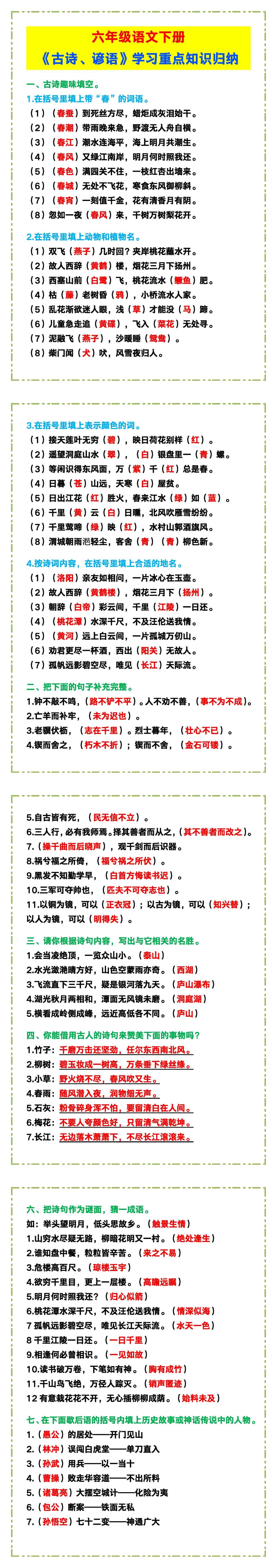 六年级语文下册《古诗、谚语学习重点知识》归