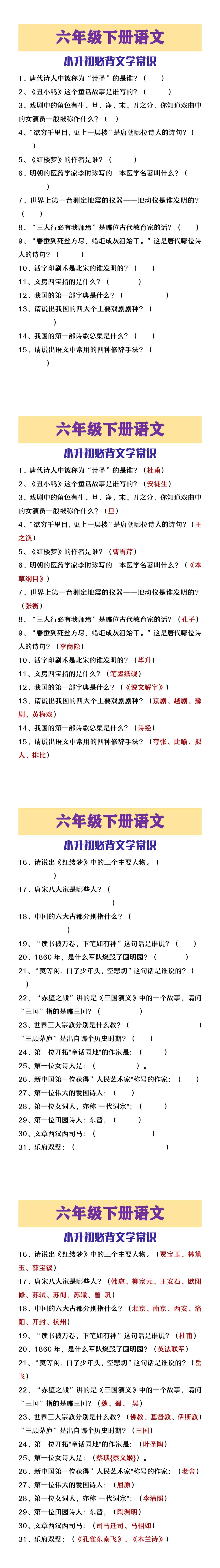 六年级下册语文小升初必背文学常识
