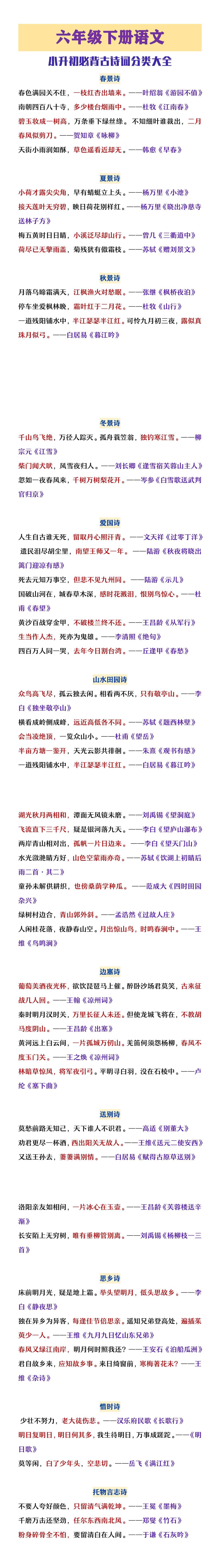 六年级下册语文小升初必背古诗词分类大全