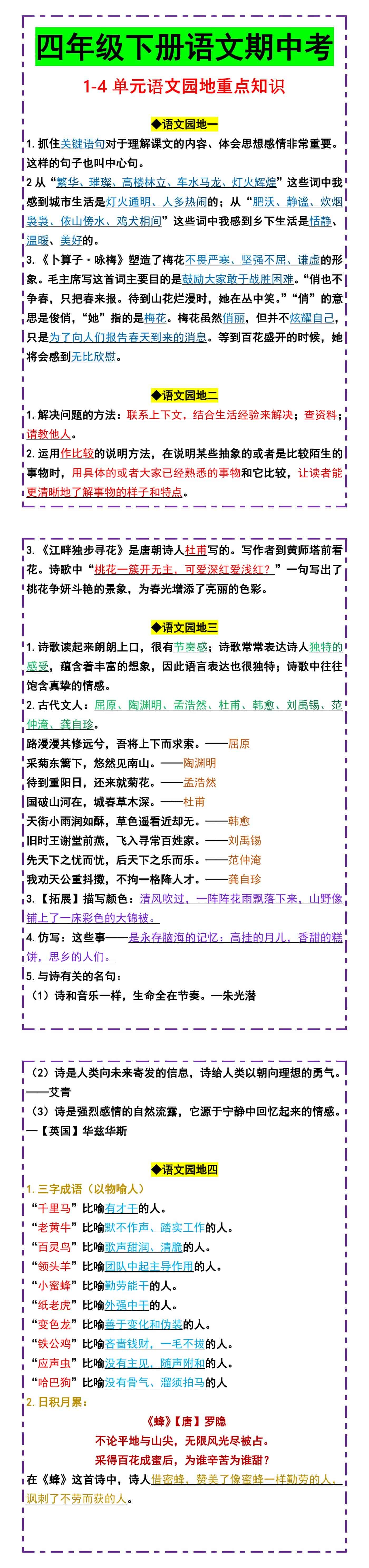 四年级下册1-4单元语文园地重点知识