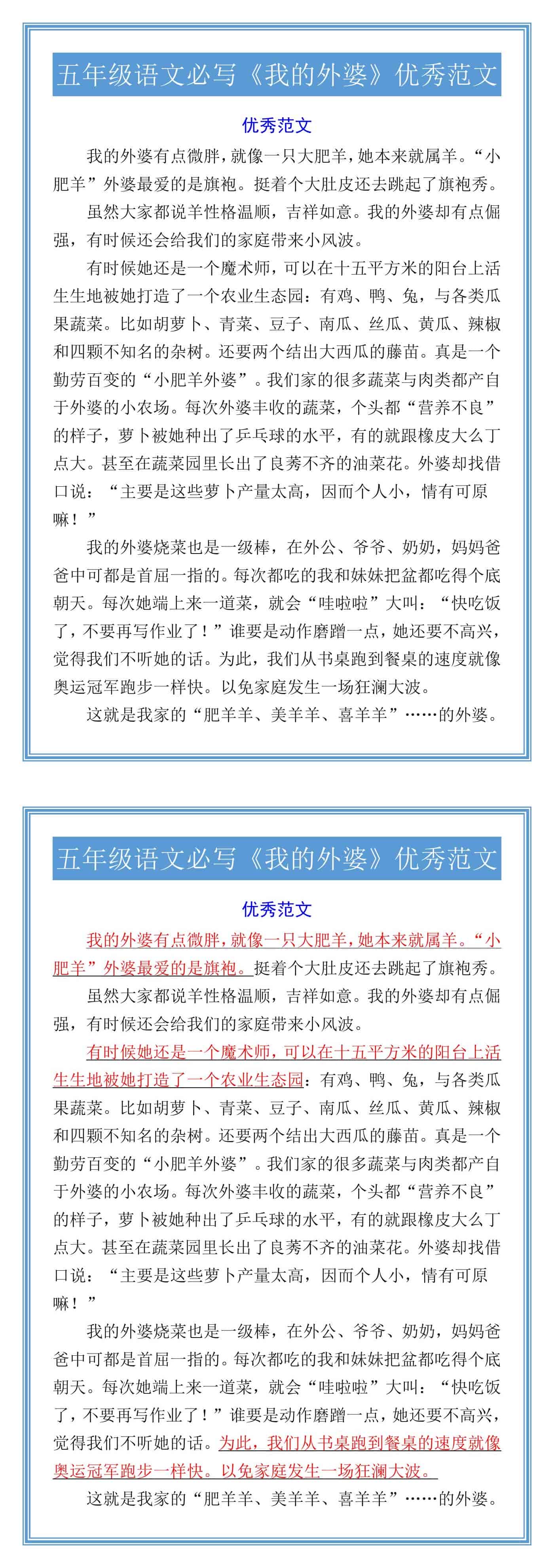 五年级语文必写《我的外婆》优秀范文