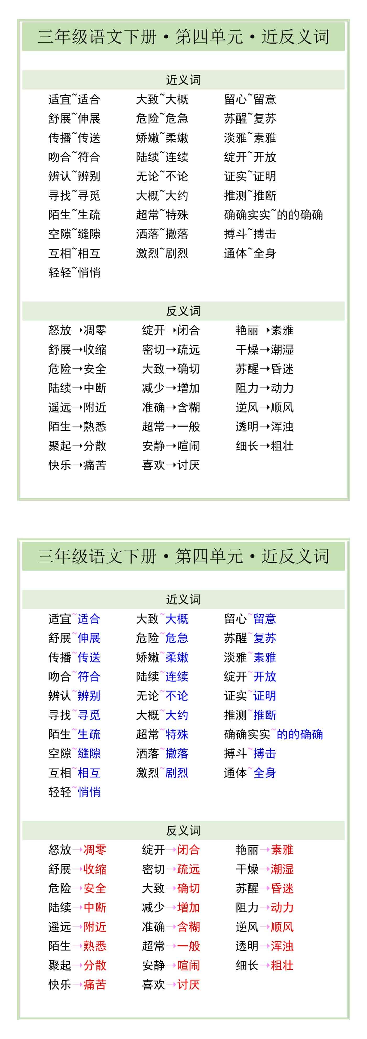 三年级语文下册·第四单元·近反义词