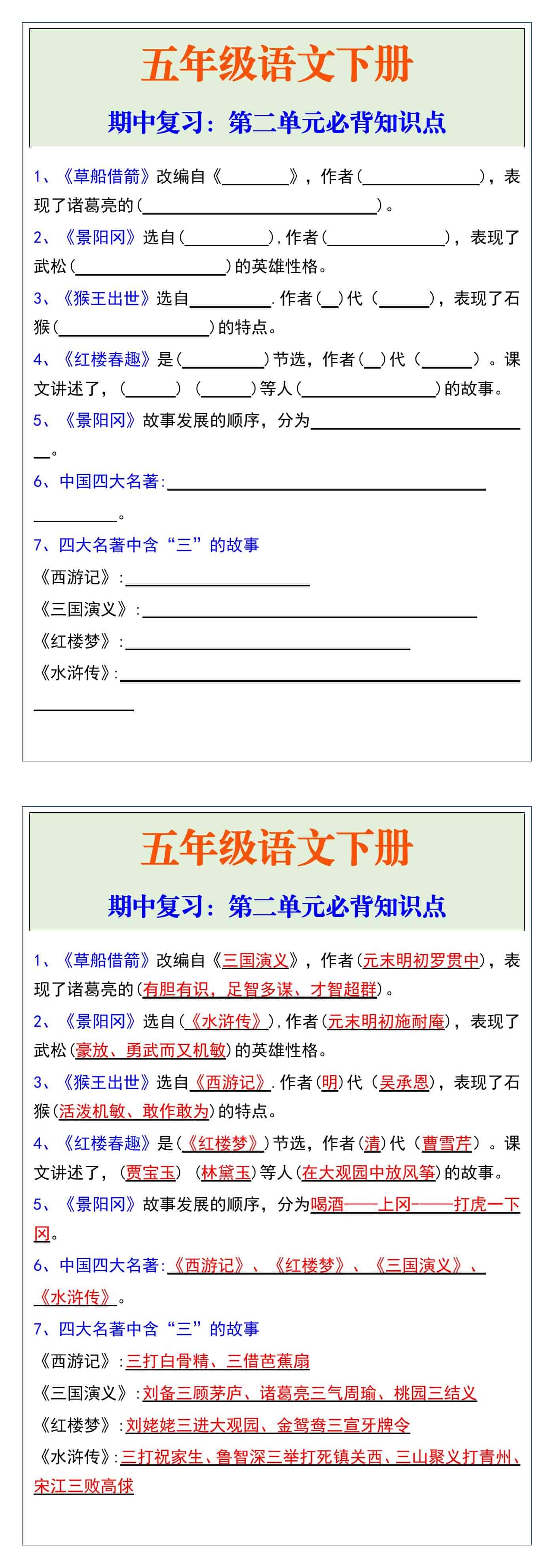 五年级语文下册期中复习：第二单元必背知识点