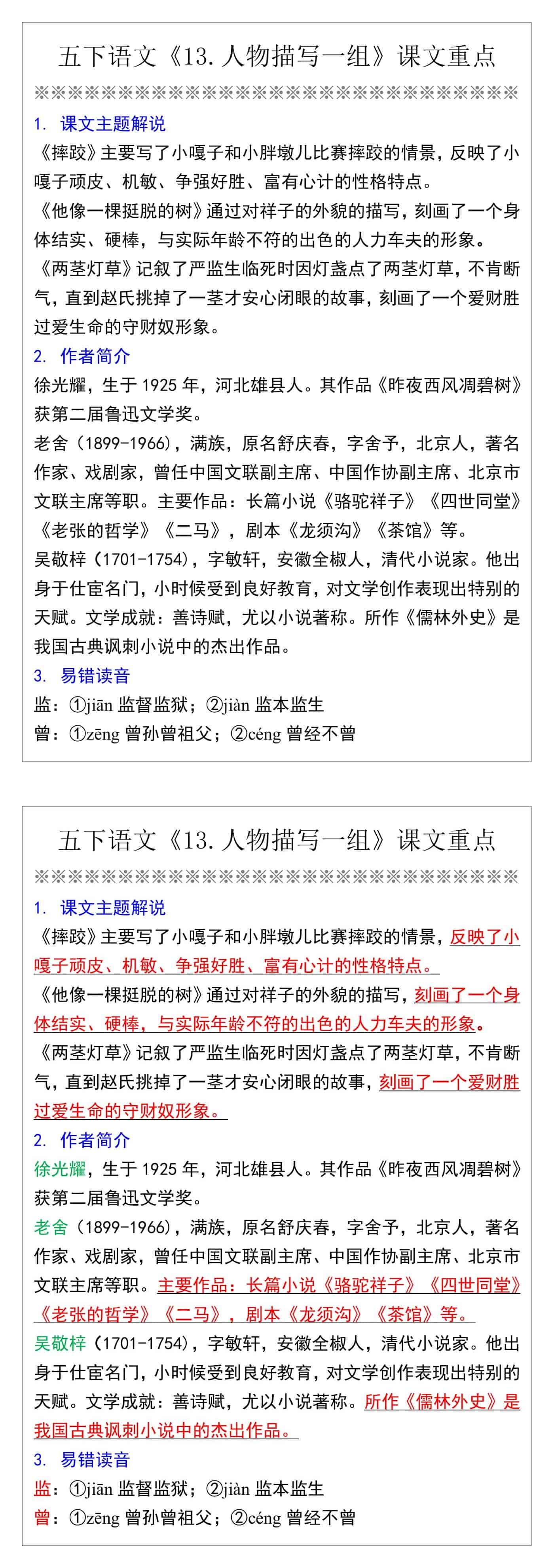 五下语文《13.人物描写一组》课文重点