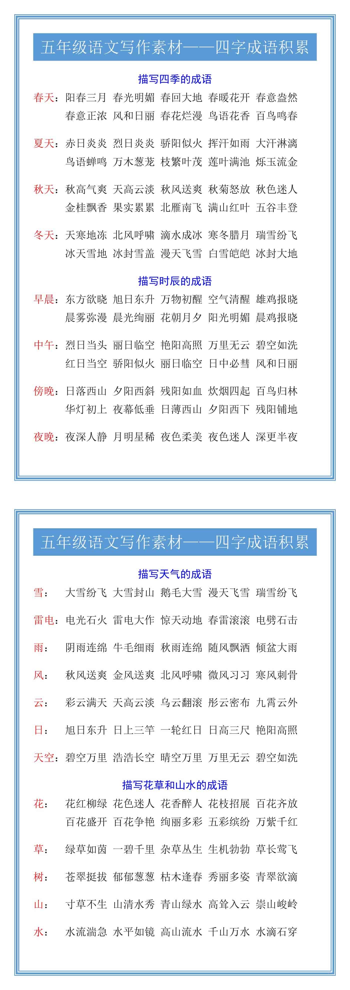 五年级语文写作素材——四字成语积累
