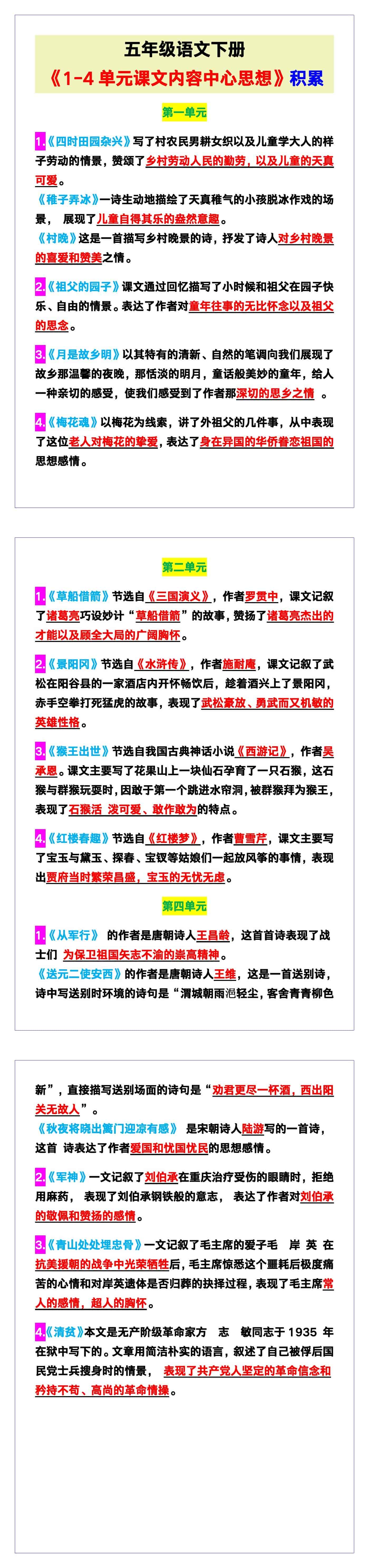 五年级语文下册《1-4单元课文内容中心思想》积