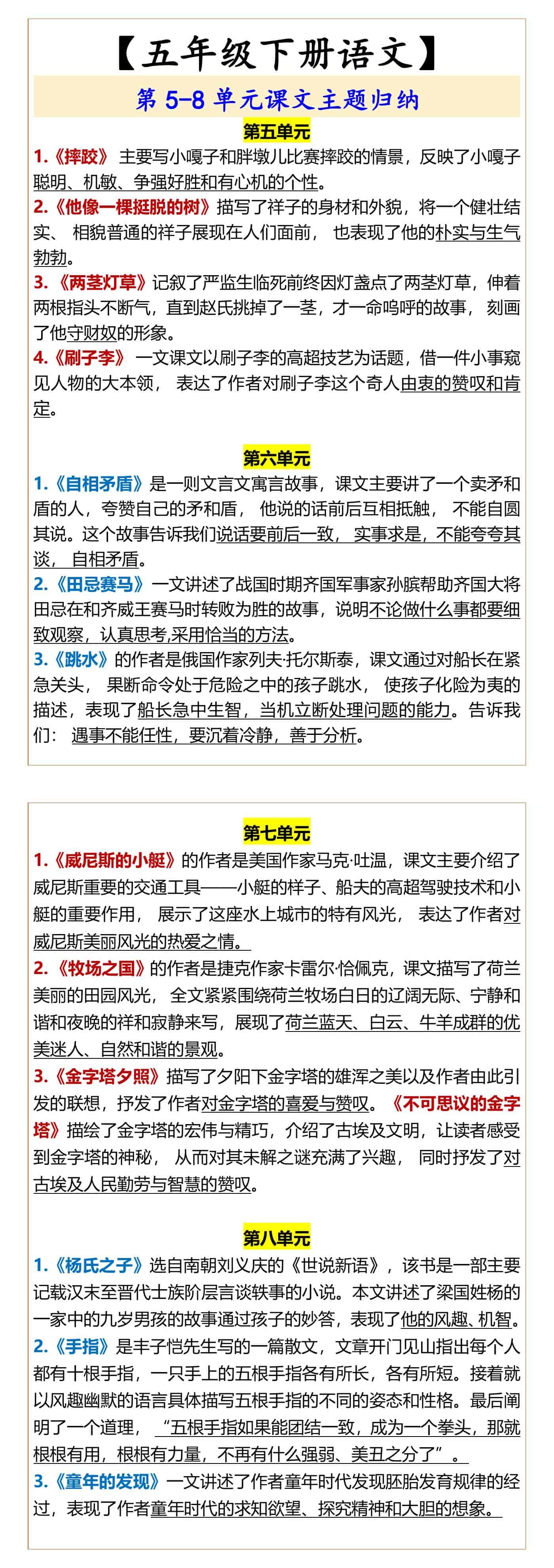 【五年级下册语文】 第5-8单元课文主题归纳
