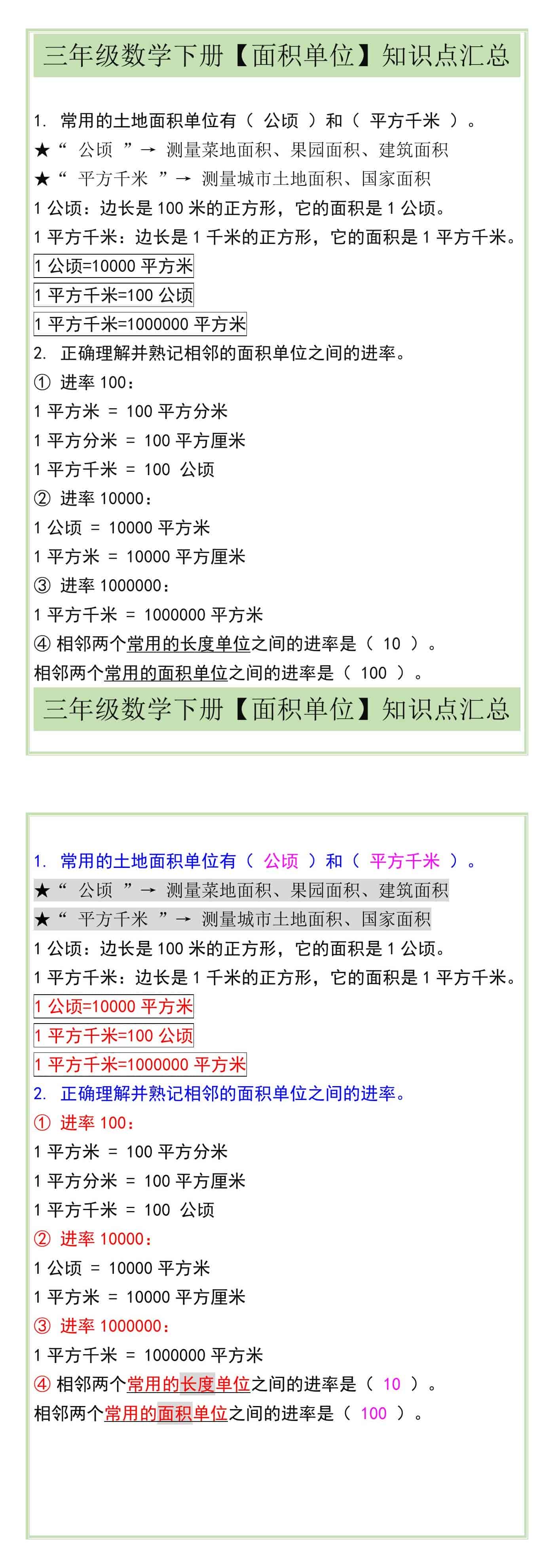 三年级数学下册【面积单位】知识点汇总