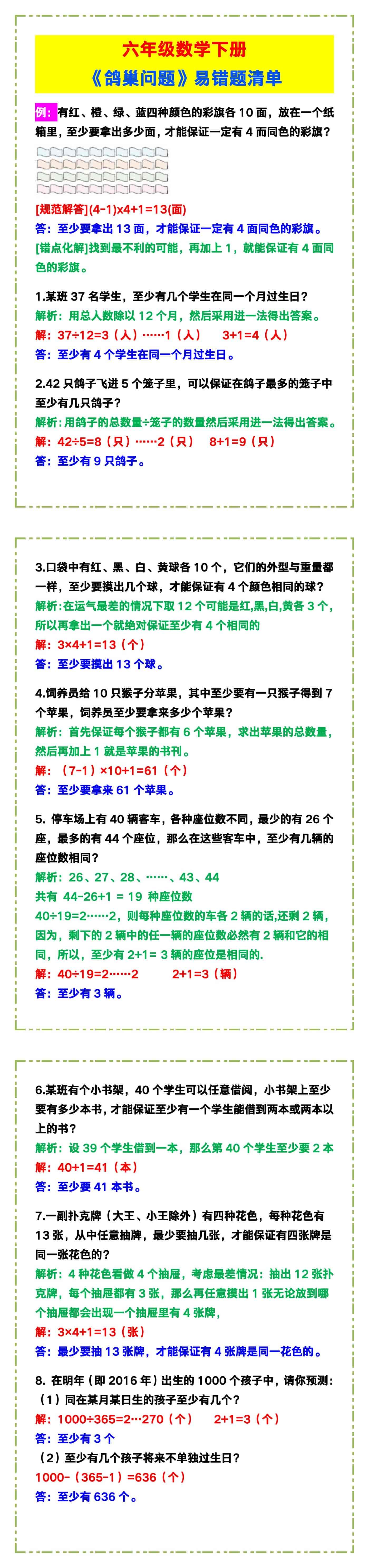 六年级数学下册《鸽巢问题》易错题清单！