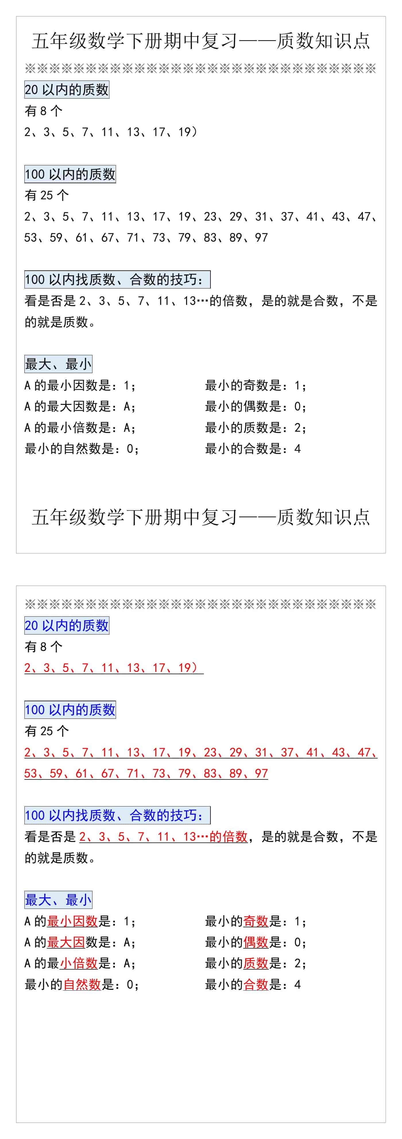 五年级数学下册期中复习——质数知识点