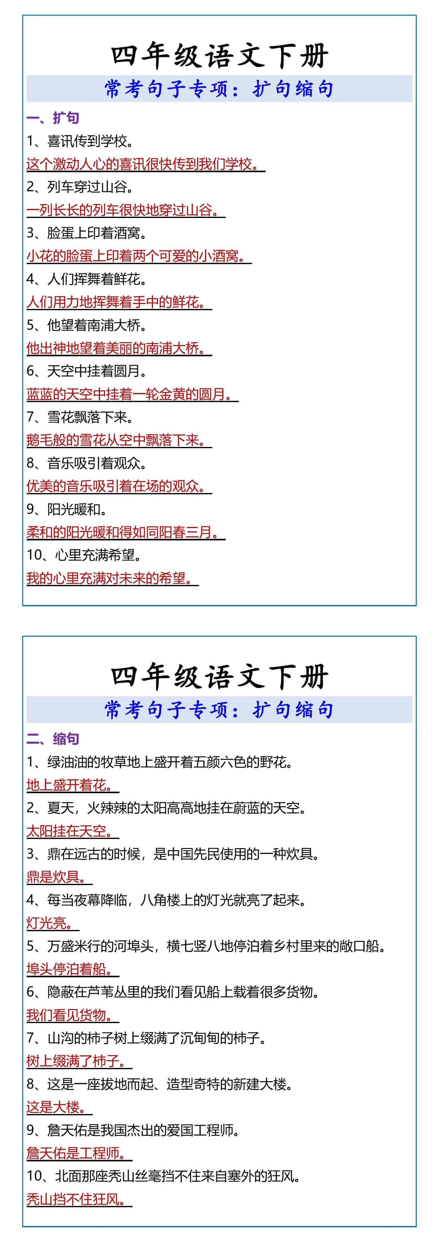 四年级语文下册 常考句子专项：扩句缩句