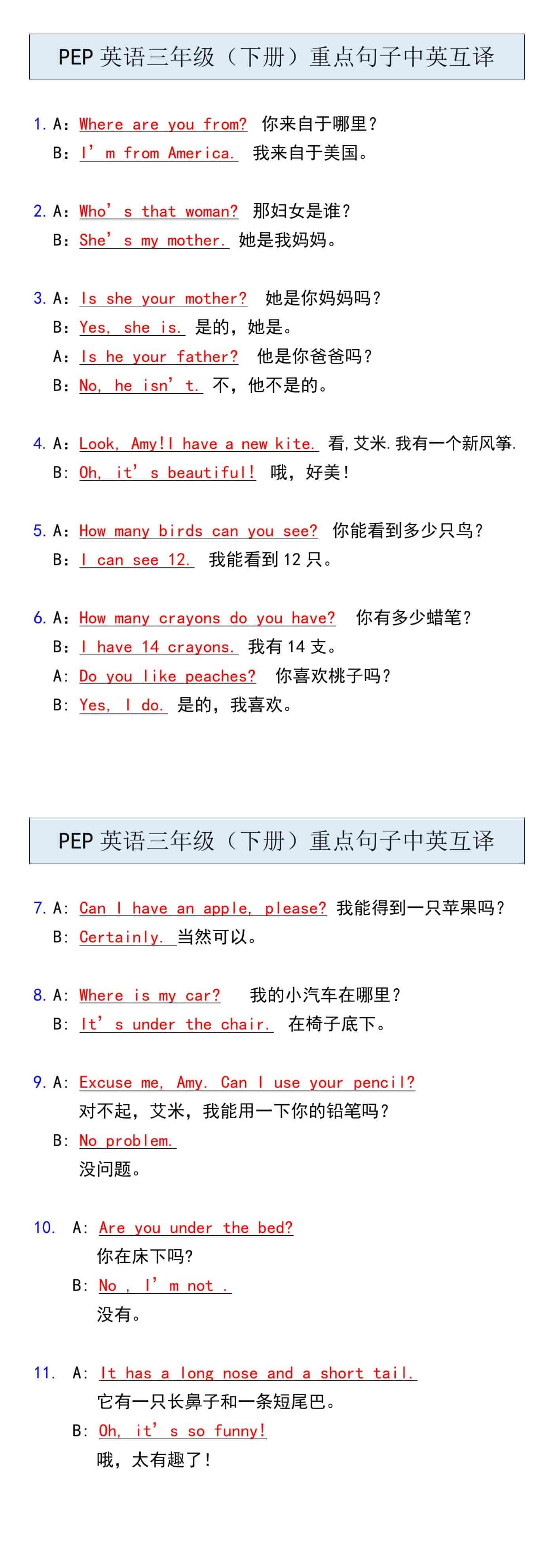 PEP英语三年级（下册）重点句子中英互译