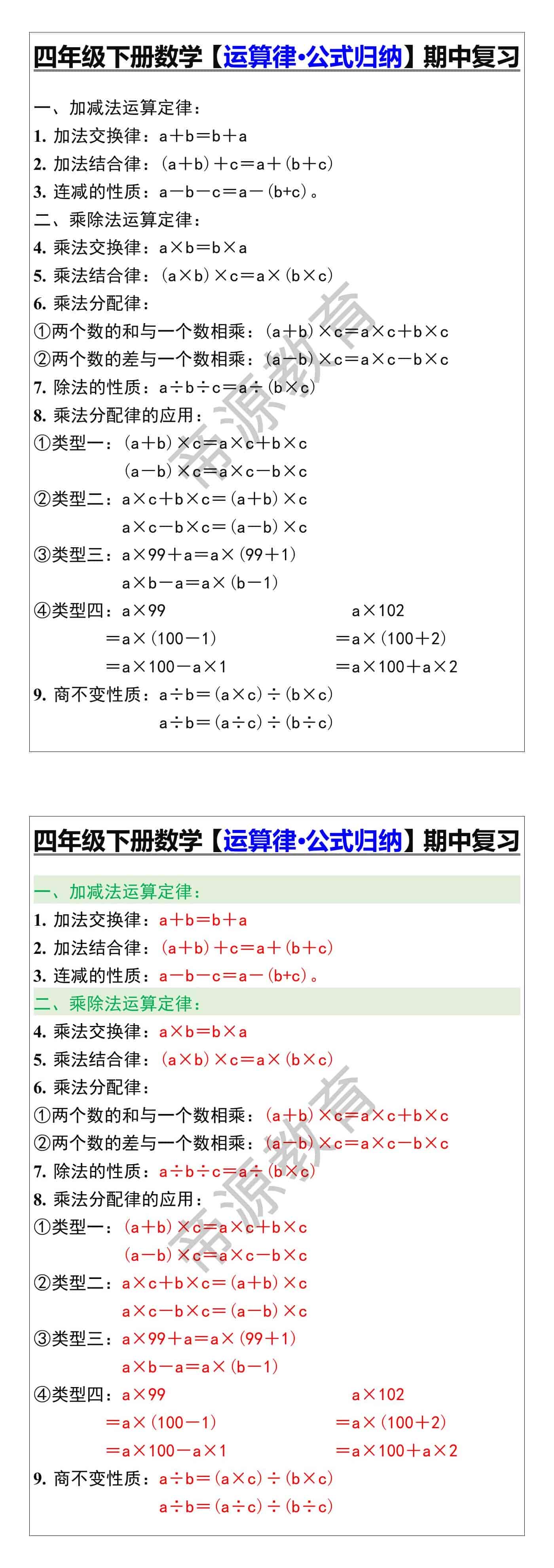 四年级下册数学【运算律·公式归纳】期中复习