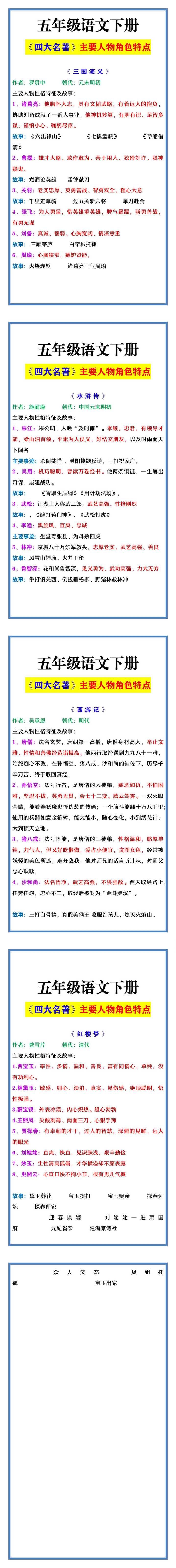 五年级语文下册 《四大名著》主要人物角色特点