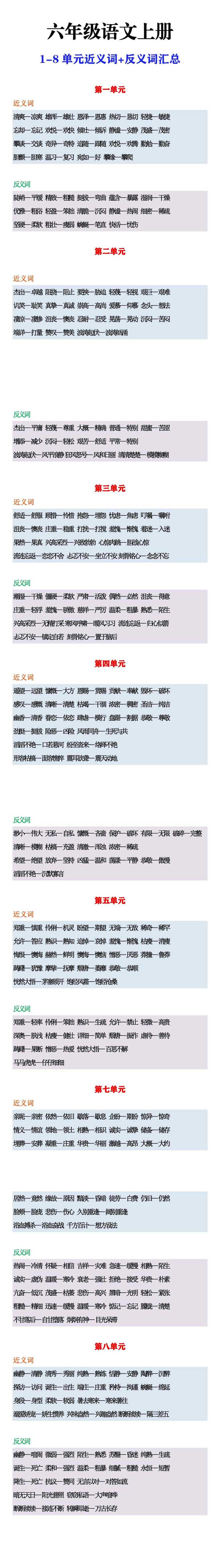 六年级语文上册1-8单元近义词+反义词