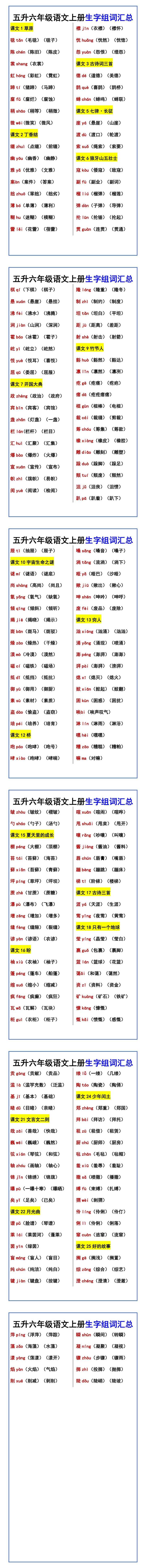 五升六年级语文上册生字组词汇总