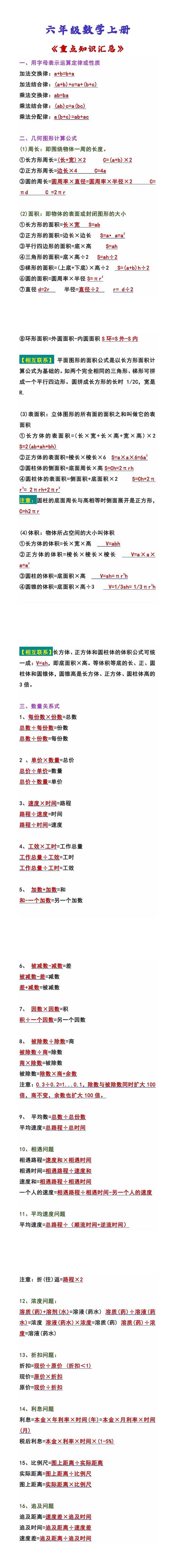 六年级数学上册 《重点知识汇总》