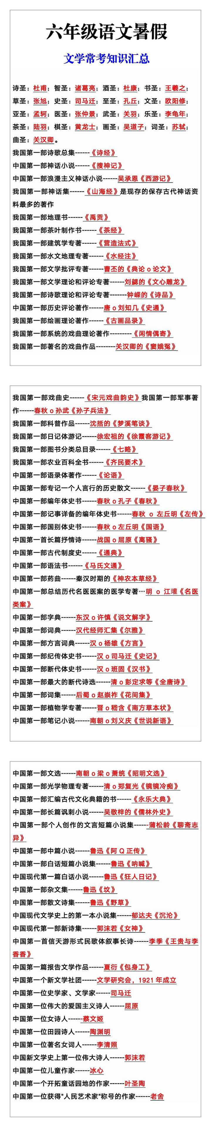 六年级语文暑假文学常考知识汇总