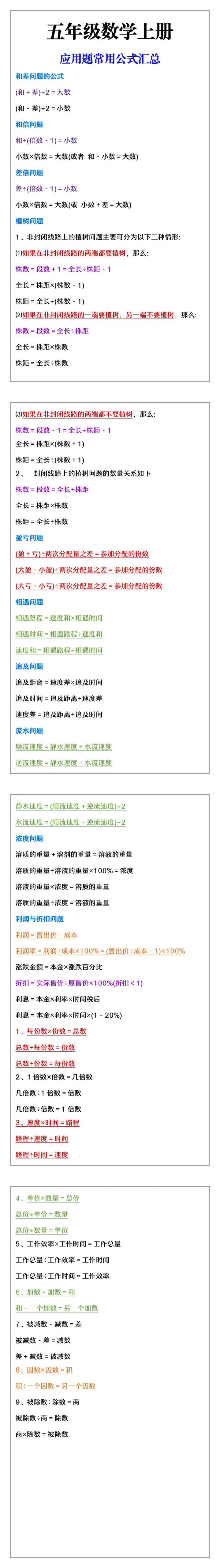 五年级数学上册，应用题常用公式汇总