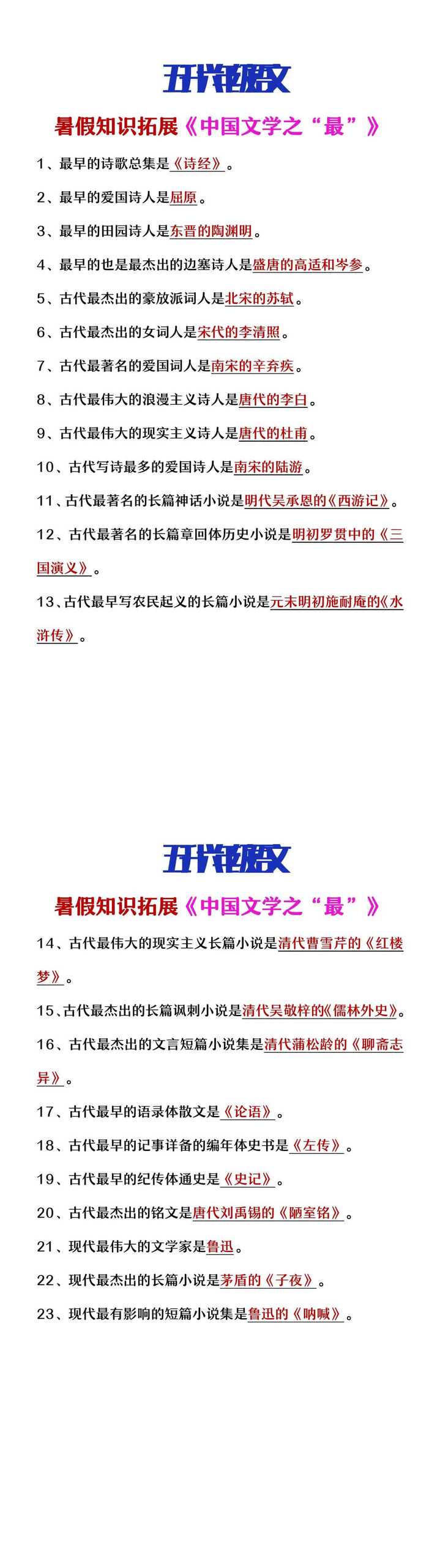 五升六年级语文暑假知识拓展《中国文学之最》