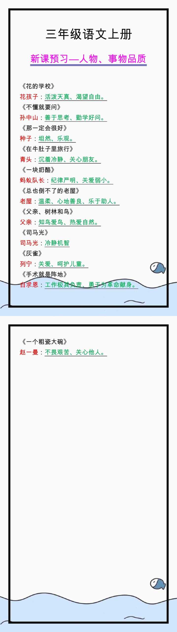 三年级语文上册学习重点，人物、事物品质梳理！