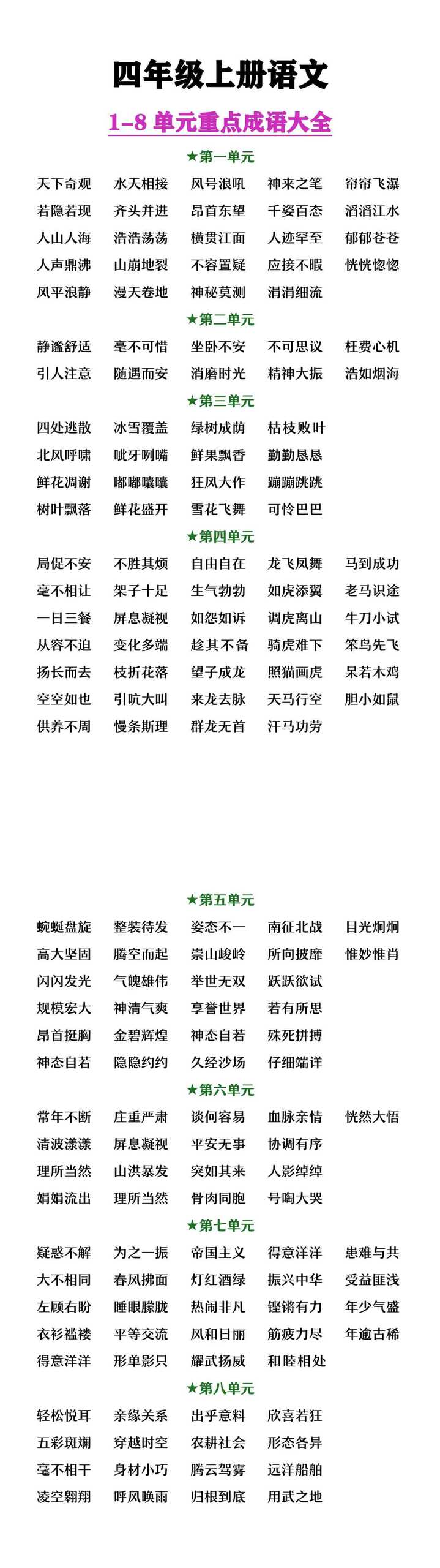 四年级上册语文1-8单元重点成语大全