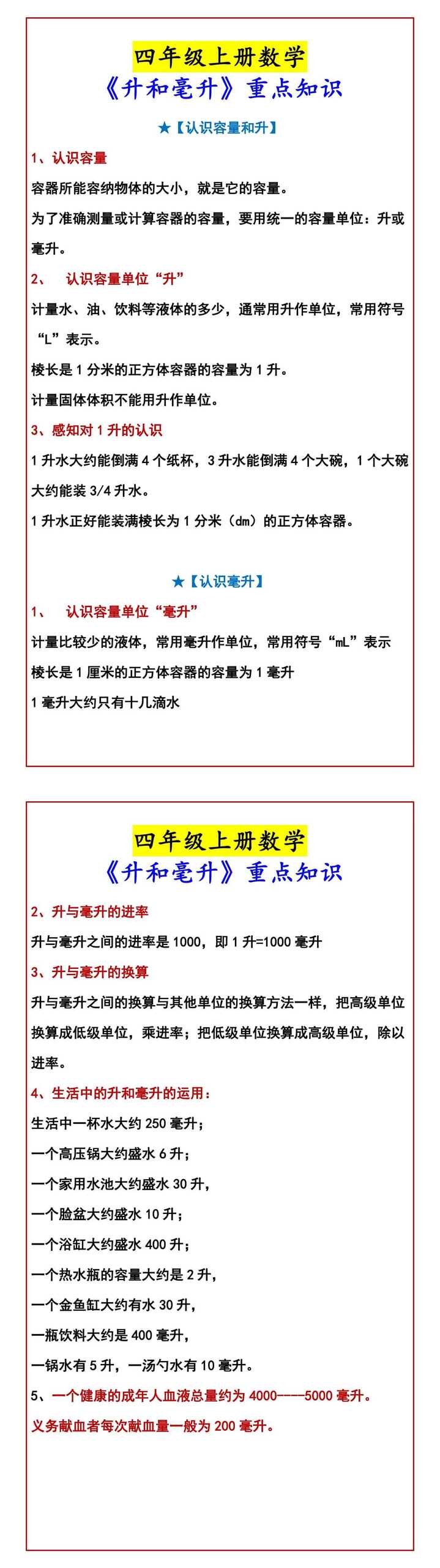 四年级上册数学 《升和毫升》重点知识