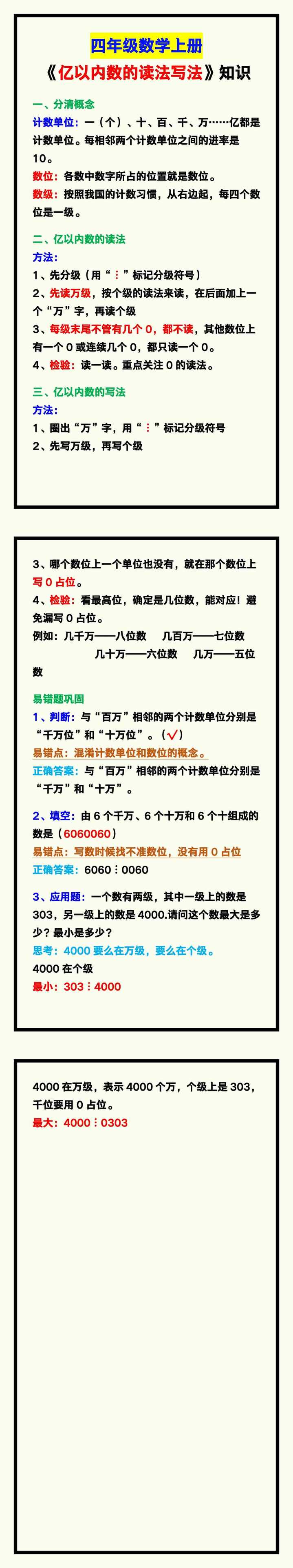 四年级数学上册《亿以内数的读法写法》知识汇总