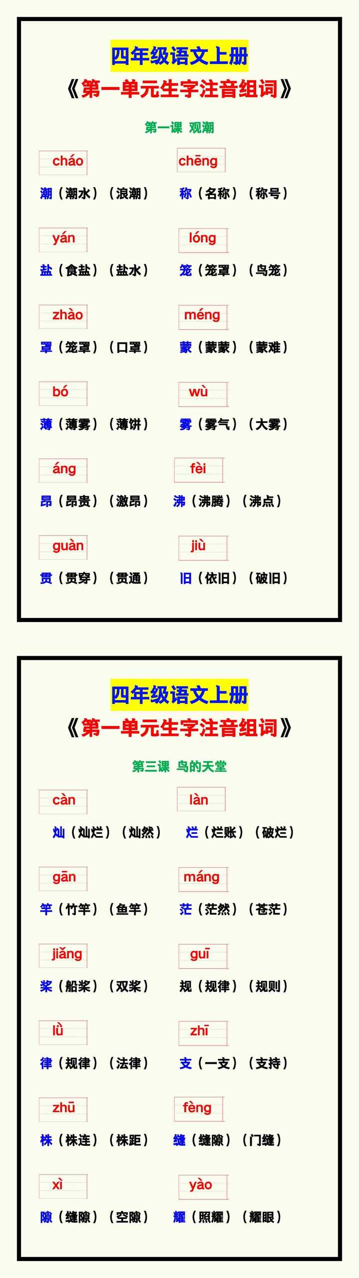 四年级语文上册《第一单元生字注音组词》，字词基础学习必备！