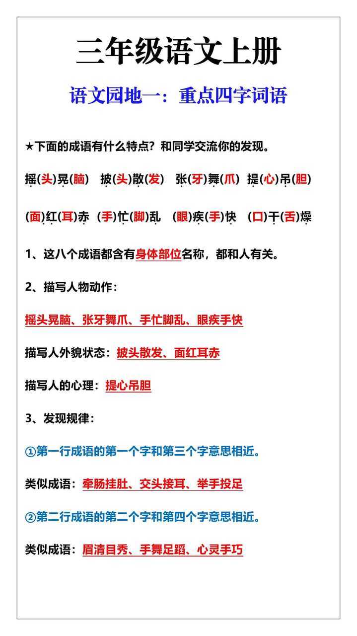 三年级语文上册语文园地一需要掌握的重点四字词语