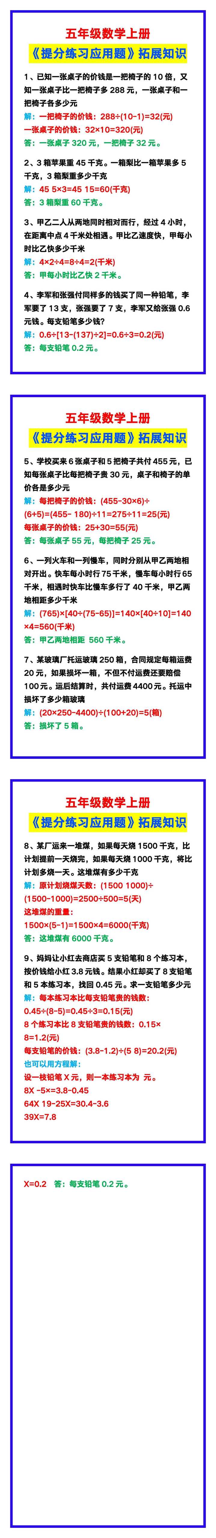 五年级数学上册《提分练习应用题》，收藏练一练！