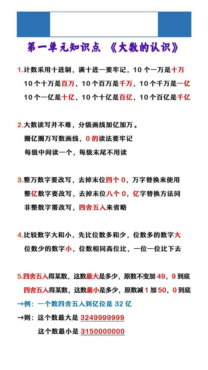 四年级上册数学 第一单元知识点 《大数的认识》