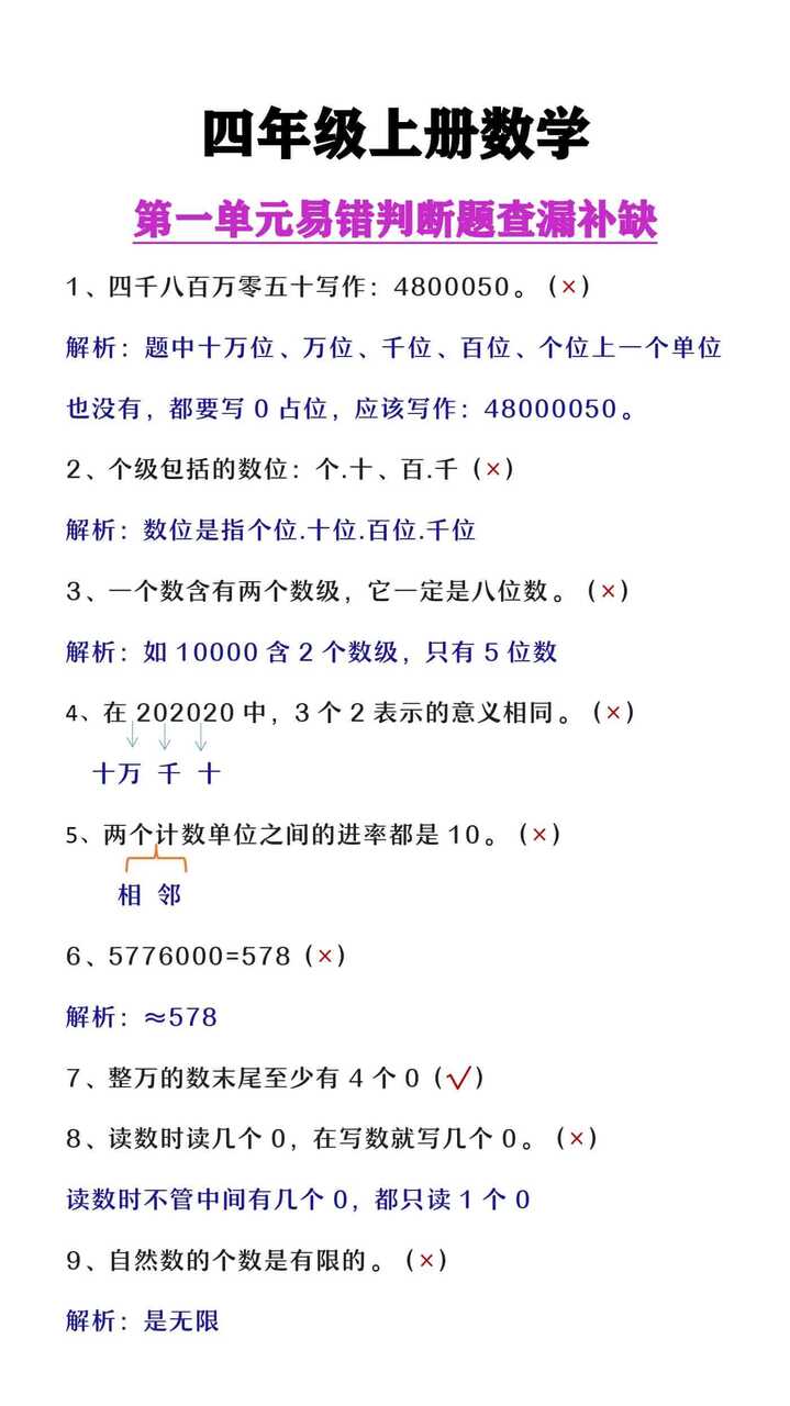 四年级上册数学第一单元查漏补缺易错判断题