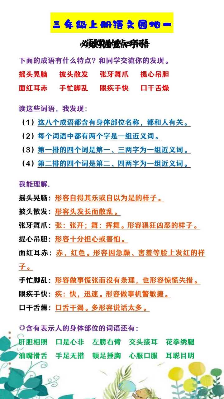 三年级上册语文园地一 必须要掌握的重点四字词语