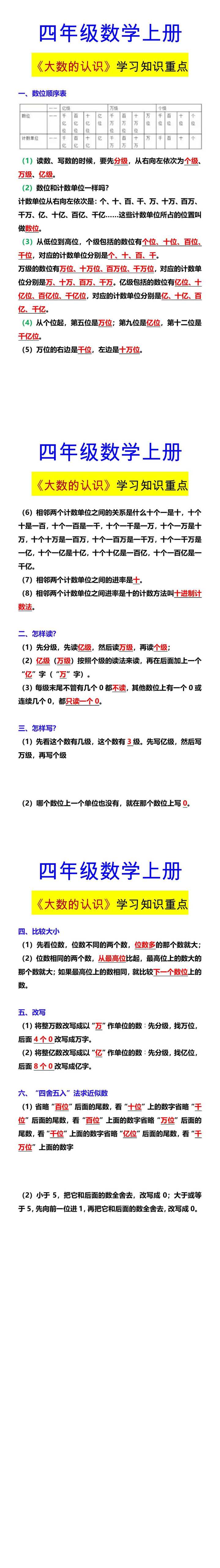 四年级数学上册 《大数的认识》学习知识重点