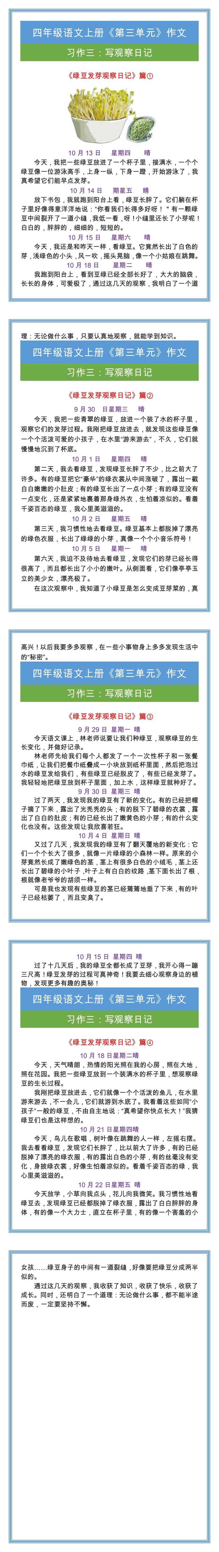 四年级上册习作三《绿豆发芽观察日记》范文四篇！