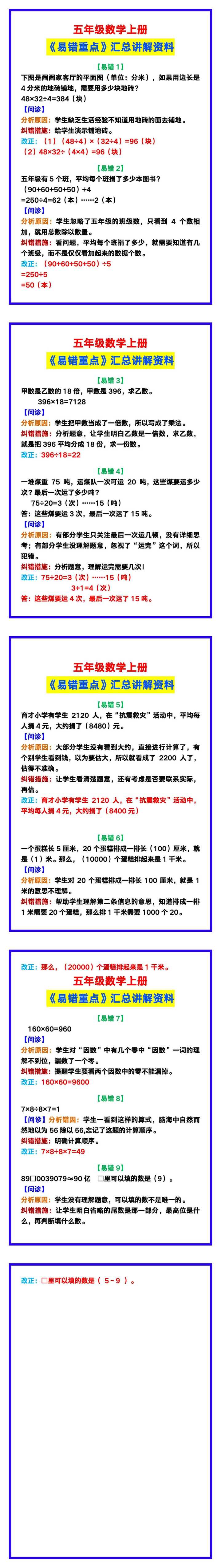 五年级数学上册《易错重点》汇总讲解，复习必备资料！