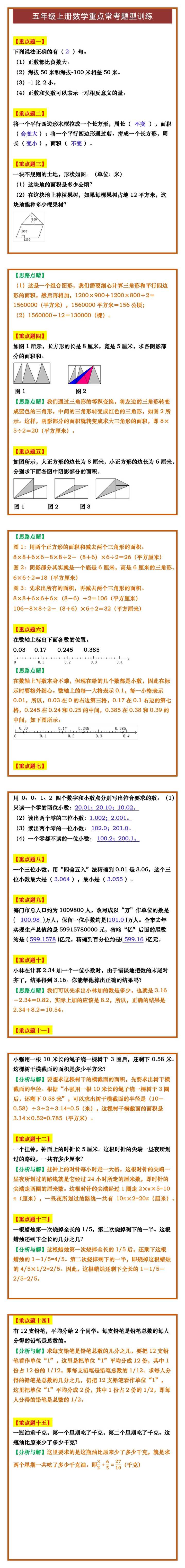 五年级上册数学重点常考题型训练
