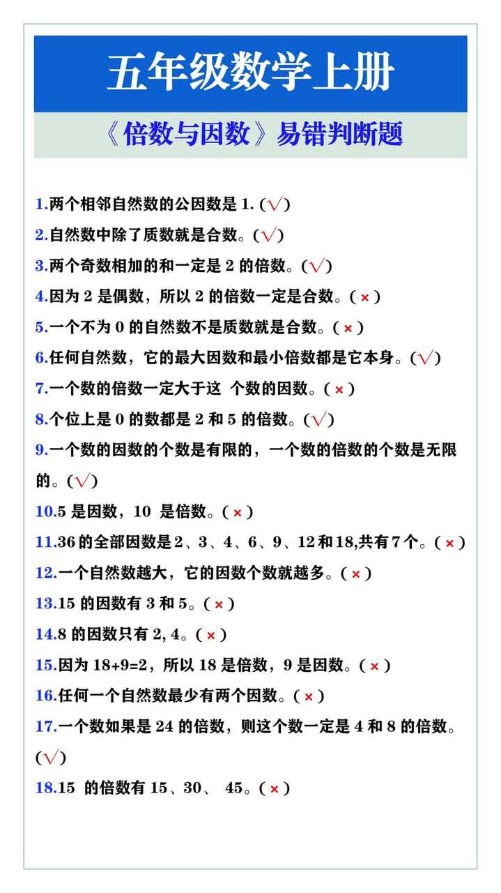 五年级数学上册 《倍数与因数》易错判断题