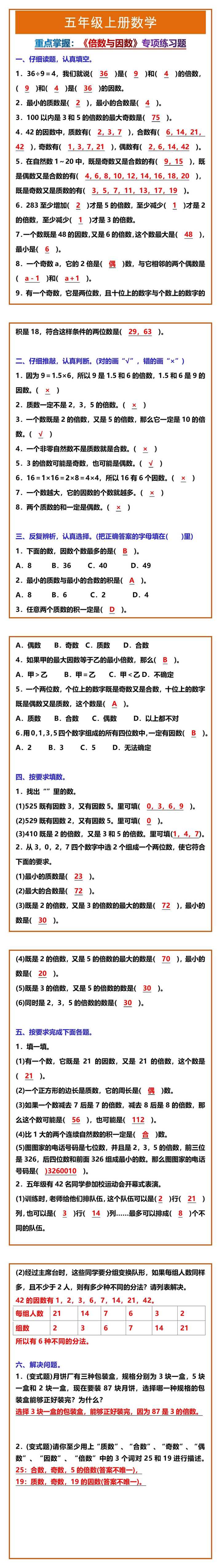 五年级上册数学《倍数与因数》专项练习题