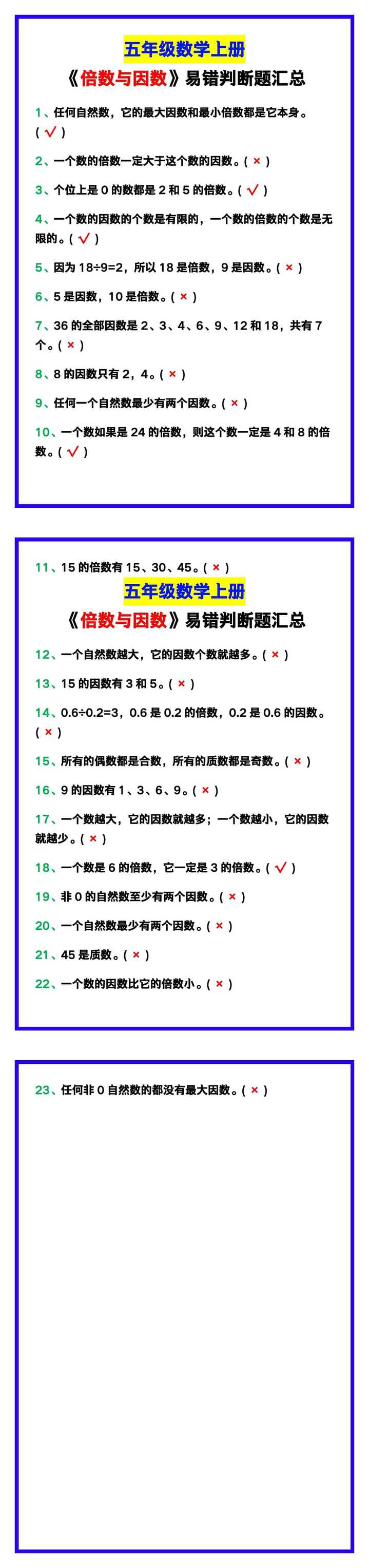 五年级数学上册《倍数与因数》易错判断题汇总，收藏练习！